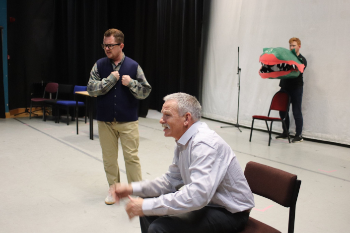 the cast of Little Shop of Horrors in rehearsal at the Arc Theatre