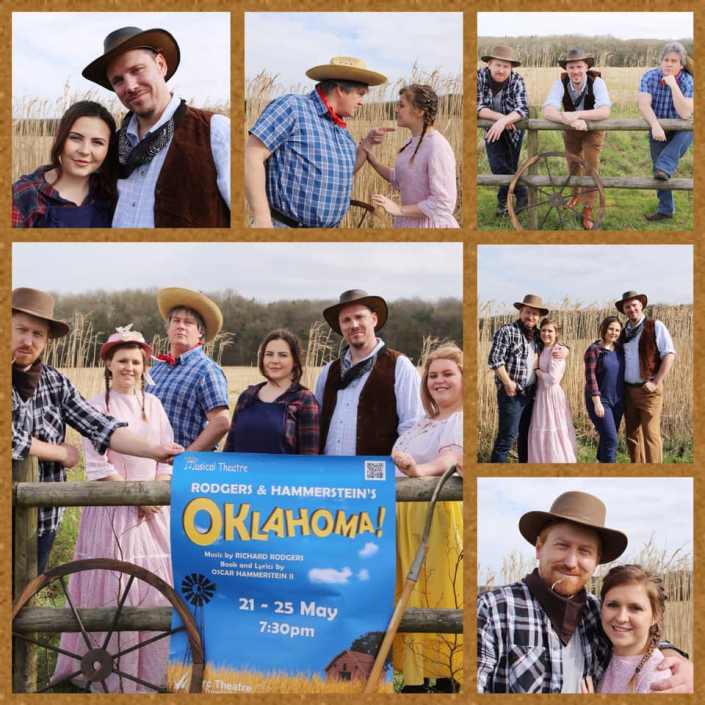 a collage of publicity photos for Oklahoma! featuring members of the cast on a farm