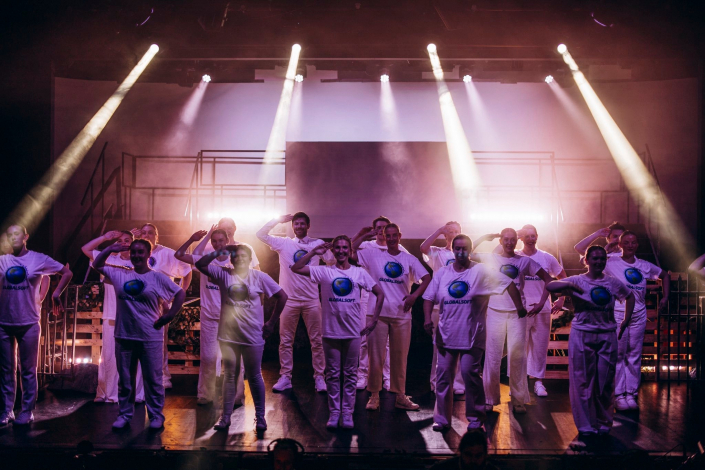 a scene from "We Will Rock You" photographed live on stage