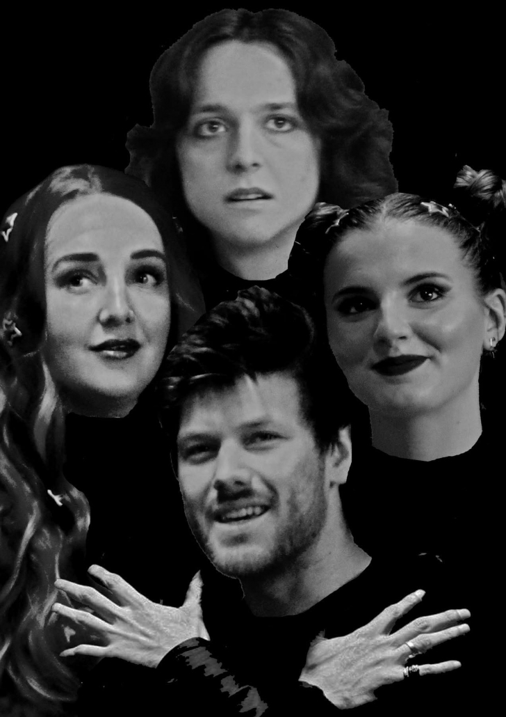 headshots of the four principal cast members of "We Will Rock You" arranged in a diamond formation to reproduce the iconic Queen II album cover